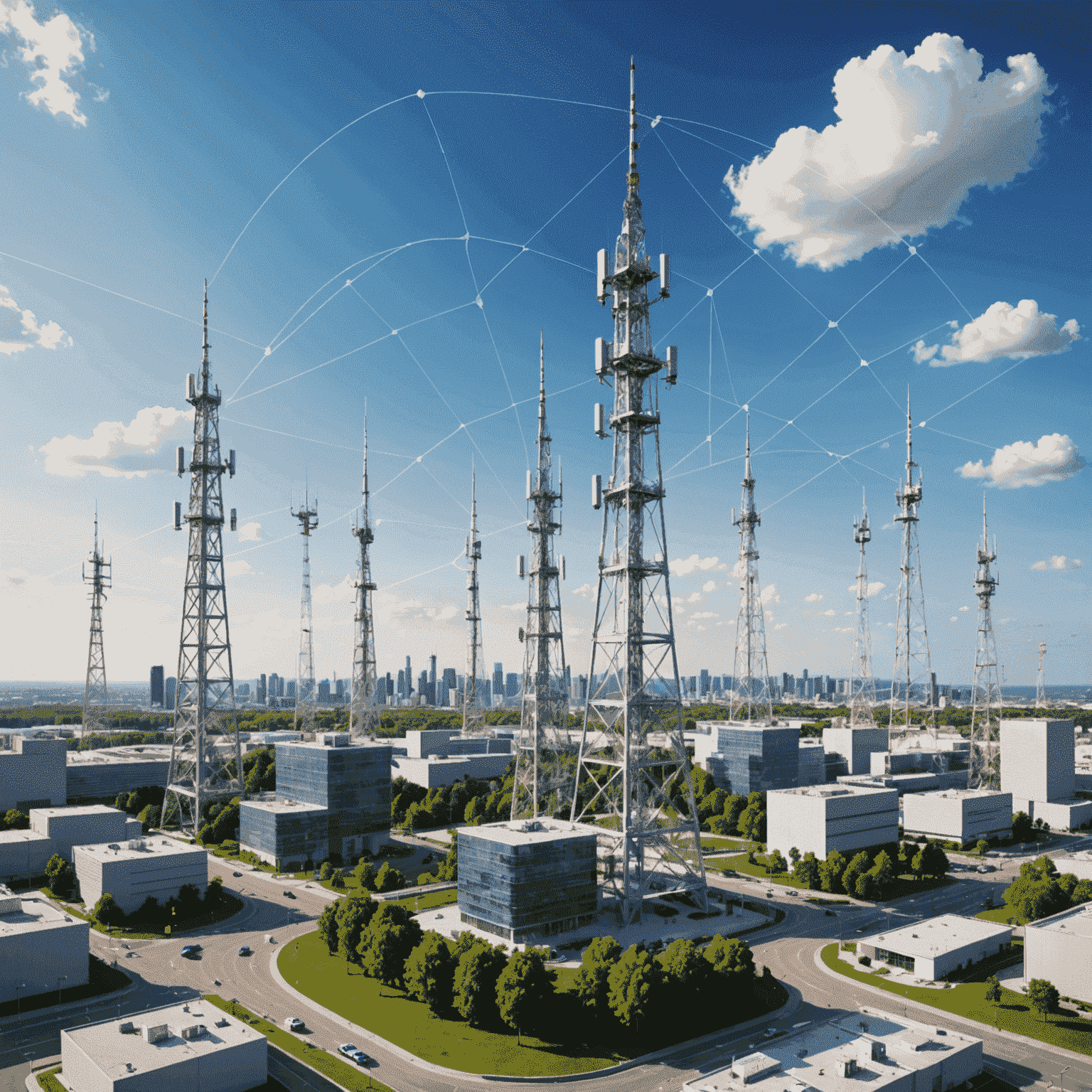 صورة توضيحية لشبكة الجيل الخامس 5G مع أبراج اتصالات وأجهزة محمولة متصلة