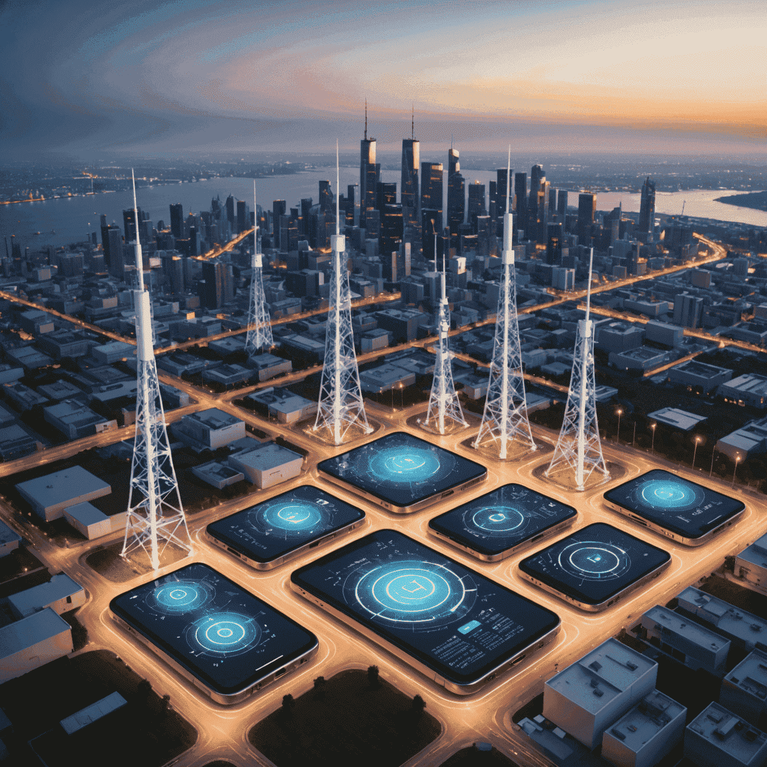 صورة توضيحية لشبكة الجيل الخامس 5G تظهر أبراج الاتصالات وأجهزة الهواتف الذكية المتصلة بها