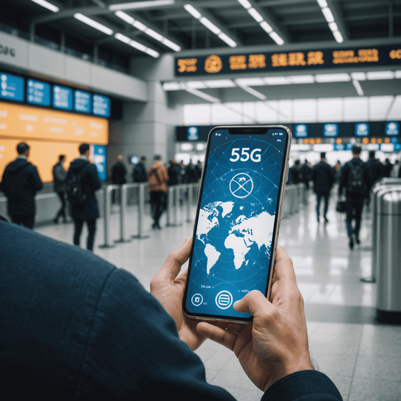 صورة لشخص يستخدم هاتفًا ذكيًا في مطار دولي، مع شعار 5G وخريطة العالم في الخلفية