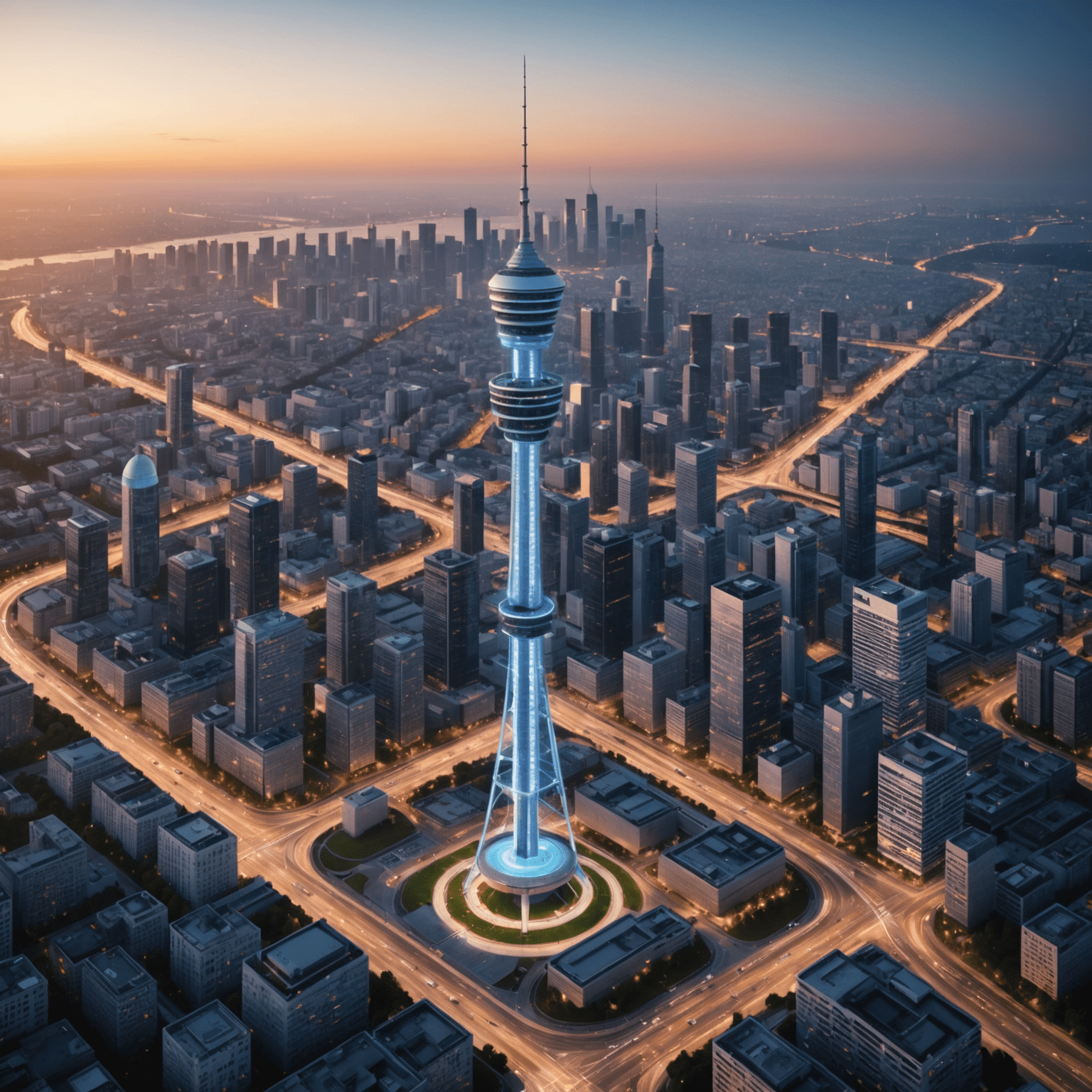 صورة توضيحية لتكنولوجيا الجيل الخامس تظهر برج اتصالات حديث يبث إشارات عالية السرعة في مدينة ذكية